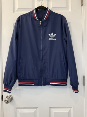 Vintage Inspired Adidas Bomber Jacket Navy Red And White Stripe Collar / Hem L