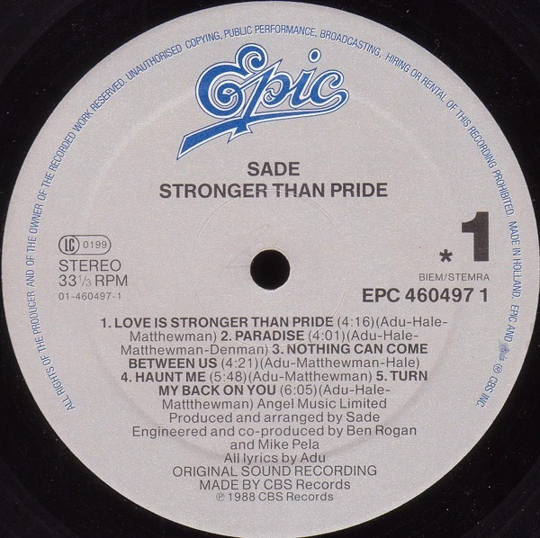 Sade - Stronger Than Pride (LP) (Very Good Plus (VG+)) - 3830517224 - Image 3 of 4