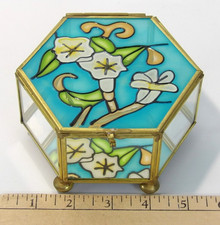 Vintage 1970s Hexagon Brass Stained Glass Mirror 4.5" Trinket Jewelry Box Taiwan