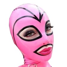 Pink Latex Hood Cosplay Rubber Mask for Clubwear Catsuit Fetish BDSM Back Zip
