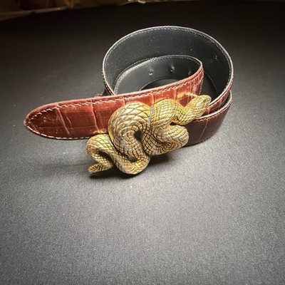 VTG Vicenza Belt Snake Buckle Mens 32 Brown Gold Croc Calf  display picture 3