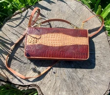 1960s Brown and Tan Bicolored Crocodile Leather Clutch Cross Body Purse Handbag