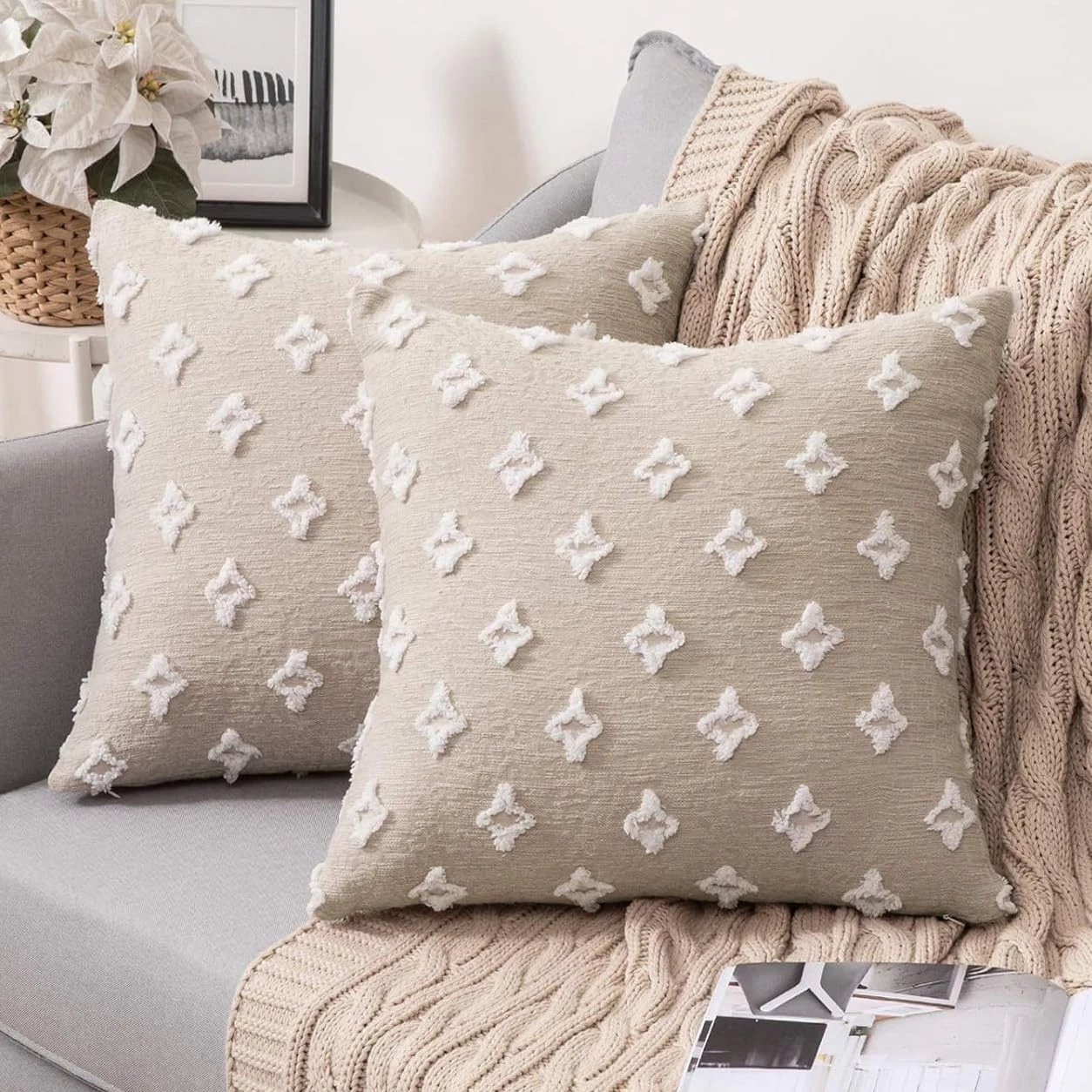 Set of 2 Decorative Throw Pillow Covers Rhombic Jacquard Pillowcase Soft Squa...