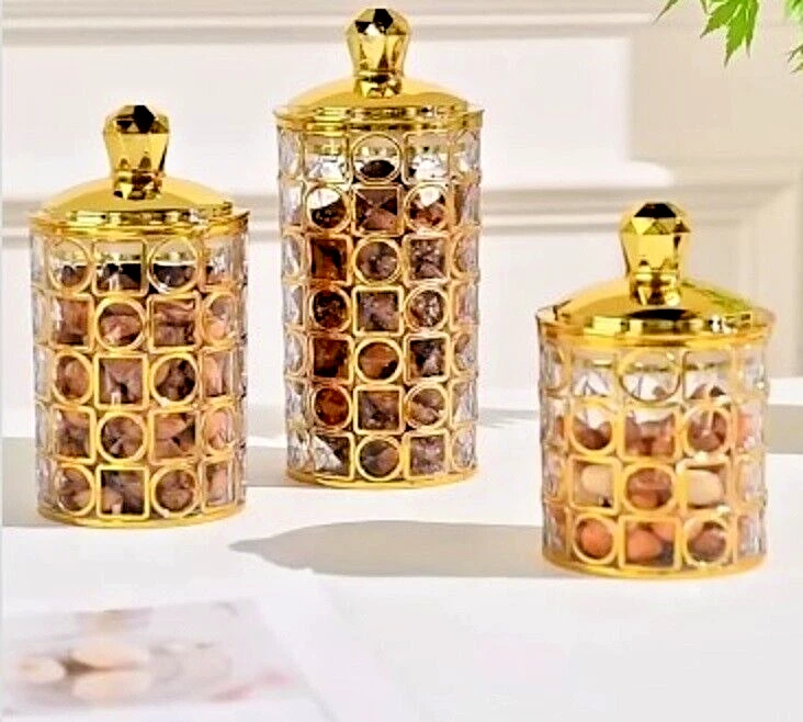 HOME DECORATIVE SET OF 3 TRANSPARENT SEALED JAR WITH GOLDEN LID