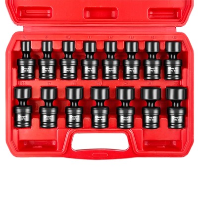 WETT 3/8 Drive Shallow Impact Universal Joint Socket Set, 15-Piece Swivel Soc...