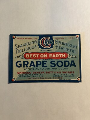 Vtg Jupiter Bottling Grape Soda Geneva Illinois Soda Label NOS