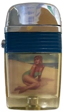 VINTAGE SCRIPTO VU-LIGHTER “ GIRL ON BEACH ”ADVERTISING LIGHTER BLUE BAND