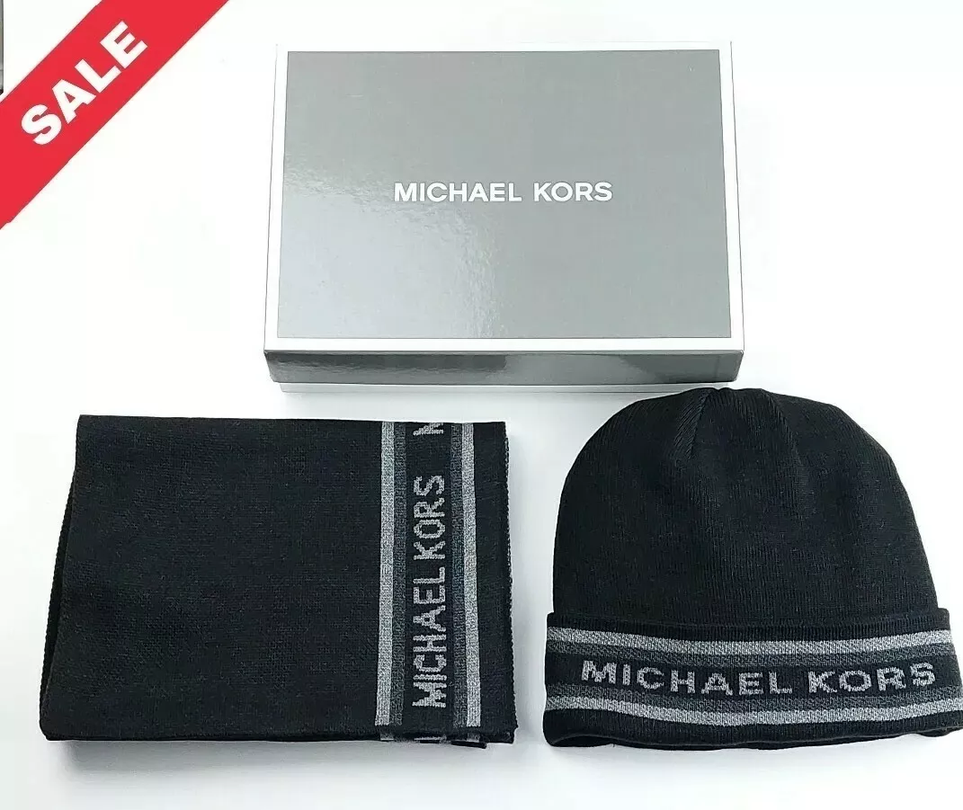 MICHAEL KORS SCARF AND HAT SET MENS MK VERTICAL LOGO SIDE STRIPE