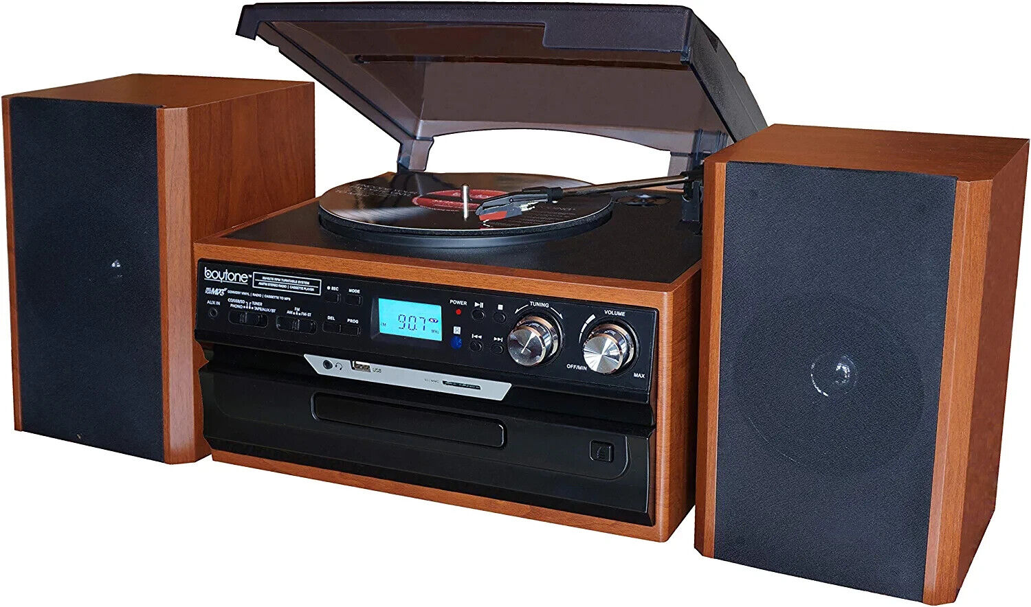 Boytone BT-24MB Bluetooth Classic Style Record Player Turntable with AM/FM