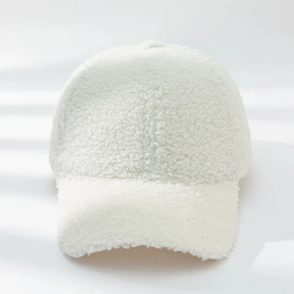 White Cozy Sherpa Fleece Baseball Cap Winter Warm Soft Hat Adjustable Unisex - Image 2 of 4
