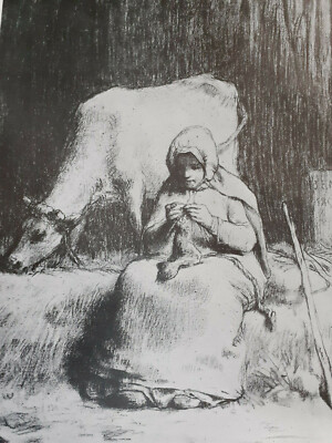 Gravure Antique Signée J.F. Millet - Paysan Arrosant Ses Vaches - Années 1800 - Occasion