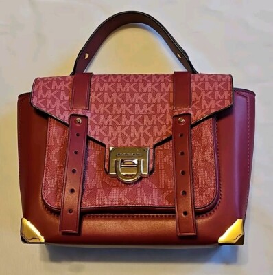 MICHAEL KORS Manhattan Medium Berry Leather and Gold Logo Satchel Excellent 