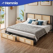 King Size Metal Bed Frame 2 Under Storage Drawers Rattan Headboard Pet Friendly