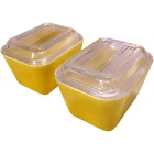 Vintage PYREX 2 YELLOW 501B REFRIGERATOR DISHES WITH LIDS 1.5 CUP CAPACITY