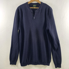 VTG Eddie Bauer Mens Cotton Henley Sweater Large Tall Navy Mid Weight Hong Kong
