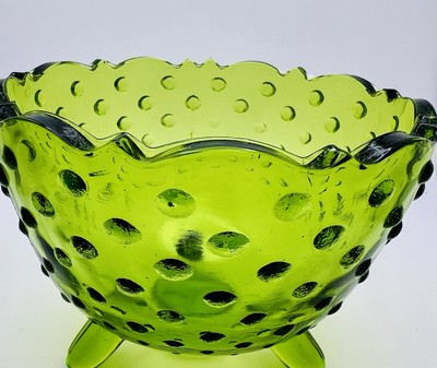 #ad Vintage Olive Green Hobnail 3 Footed Candy Dish – Bowl scalloped Top 5” wide $13.73