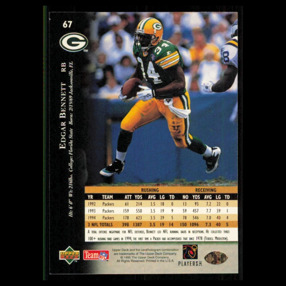 Edgar Bennett #67 1995 Upper Deck Green Bay Packers Football Card NFL NM - Image 2 of 3