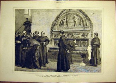 Original alter antiker Druck 1877 Dinner-Time Refectorium Topham Mönche religiös