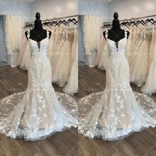 Champagne Mermaid Wedding Dresses Sweep Train V Neck Lace Applique Bridal Gowns