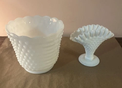 Two Vintage Hobnail Milk Glass Decor Pieces (planter & Fan Vase)