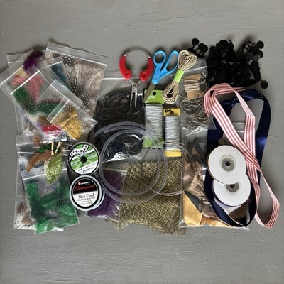 Lot of Craft Supplies Ribbons, Feathers, Wire, Cord, Mesh, Leaves, Jewelry Plier