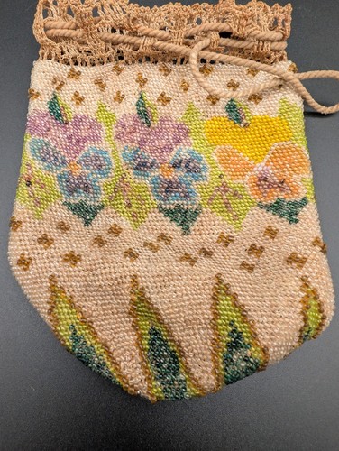 Antique Floral Pink Lavender Yellow Orange Blue Brown Micro Bead Tassel Purse - Picture 8 of 16