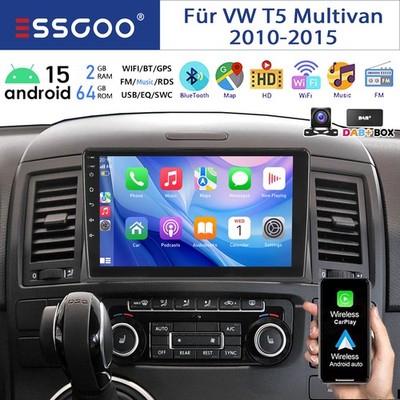 Carplay 2+64GB Android 15 Autoradio GPS WIFI Für VW T5 Multivan 2010-15 DAB+KAM