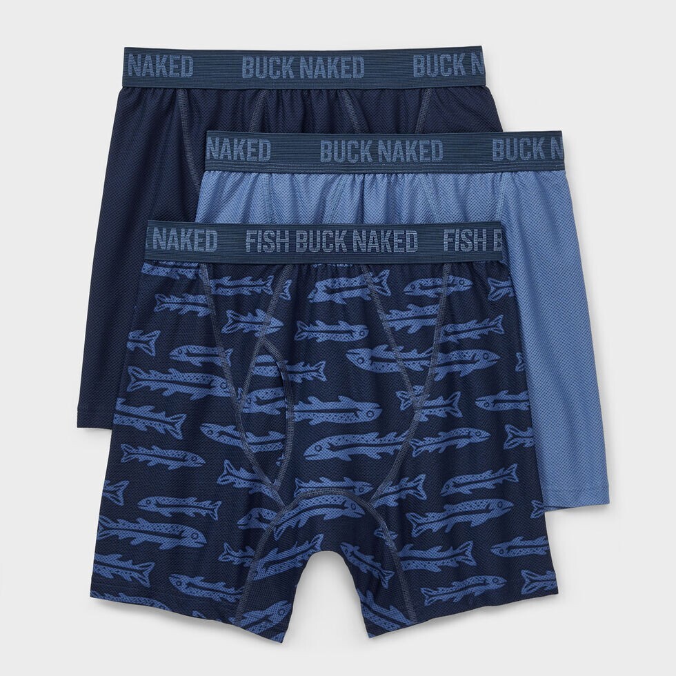 New Duluth Men's Underwear Buck Naked Boxer Briefs 3-Pack,  Blue Fish Color