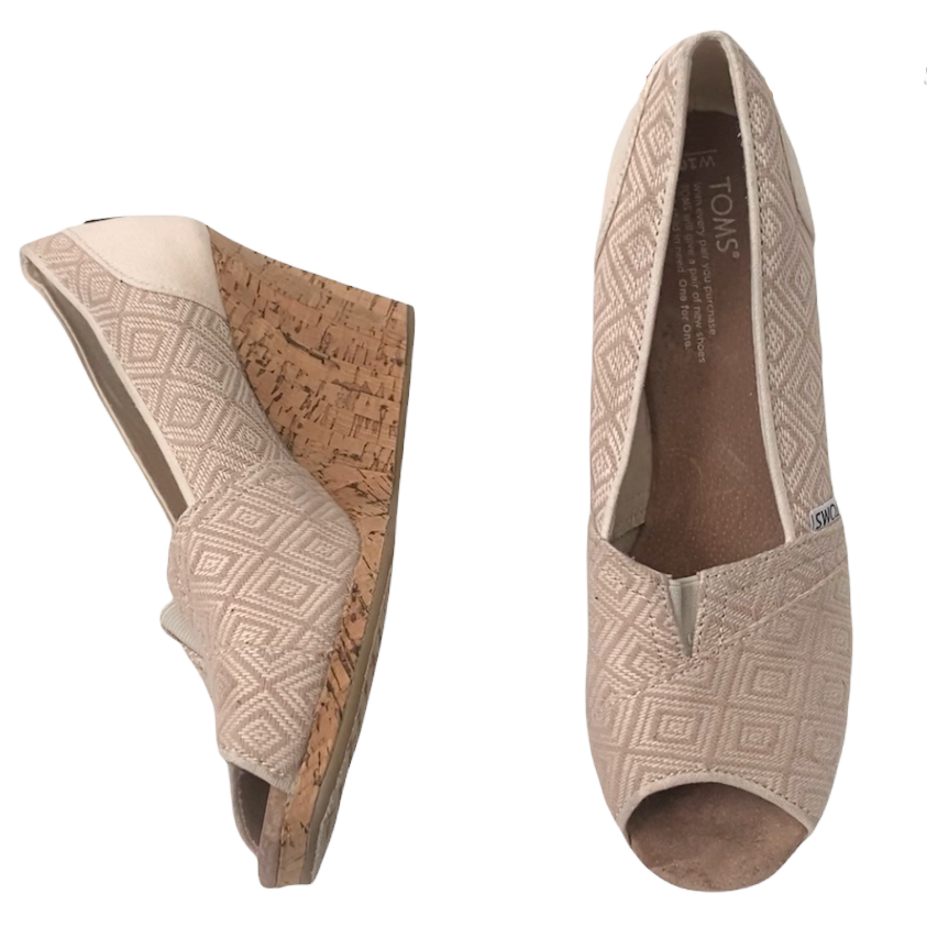 TOMS Women's Size 10 Beige Tan Woven Wedge Sandals with Buckle Detail-image