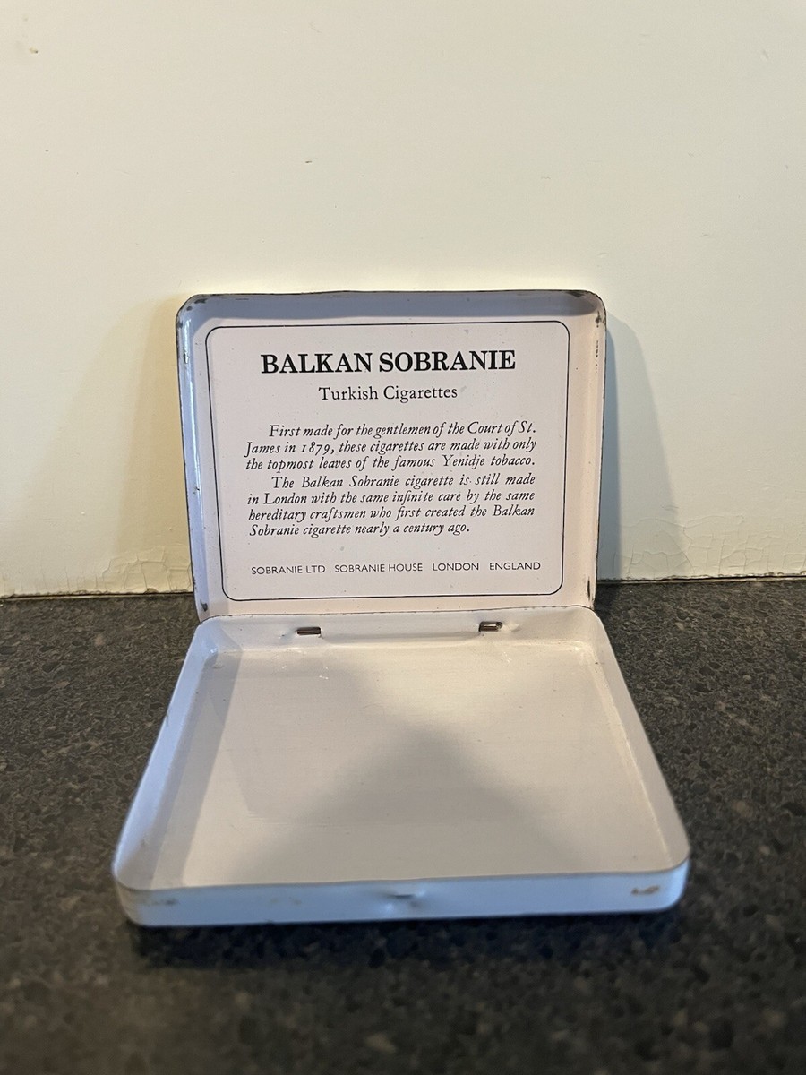 Vintage The Balkan Sobranie 10 Cigarettes White Tin Container Made In  England
