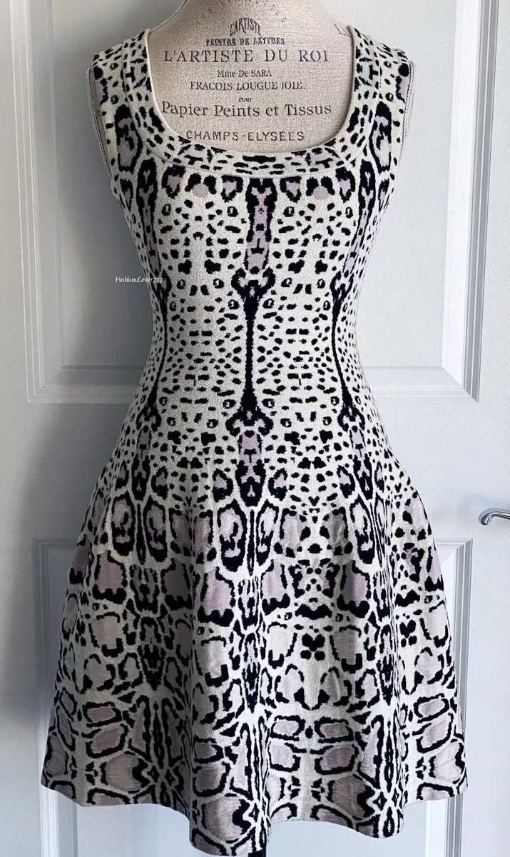 AZZEDINE ALAIA BEIGE BLACK LEOPARD PRINT STRETCH FIT & FLARE