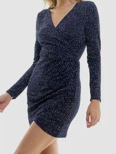 Speechless Women's Juniors' Blue Long Sleeve Metallic Faux Wrap Dress Size L