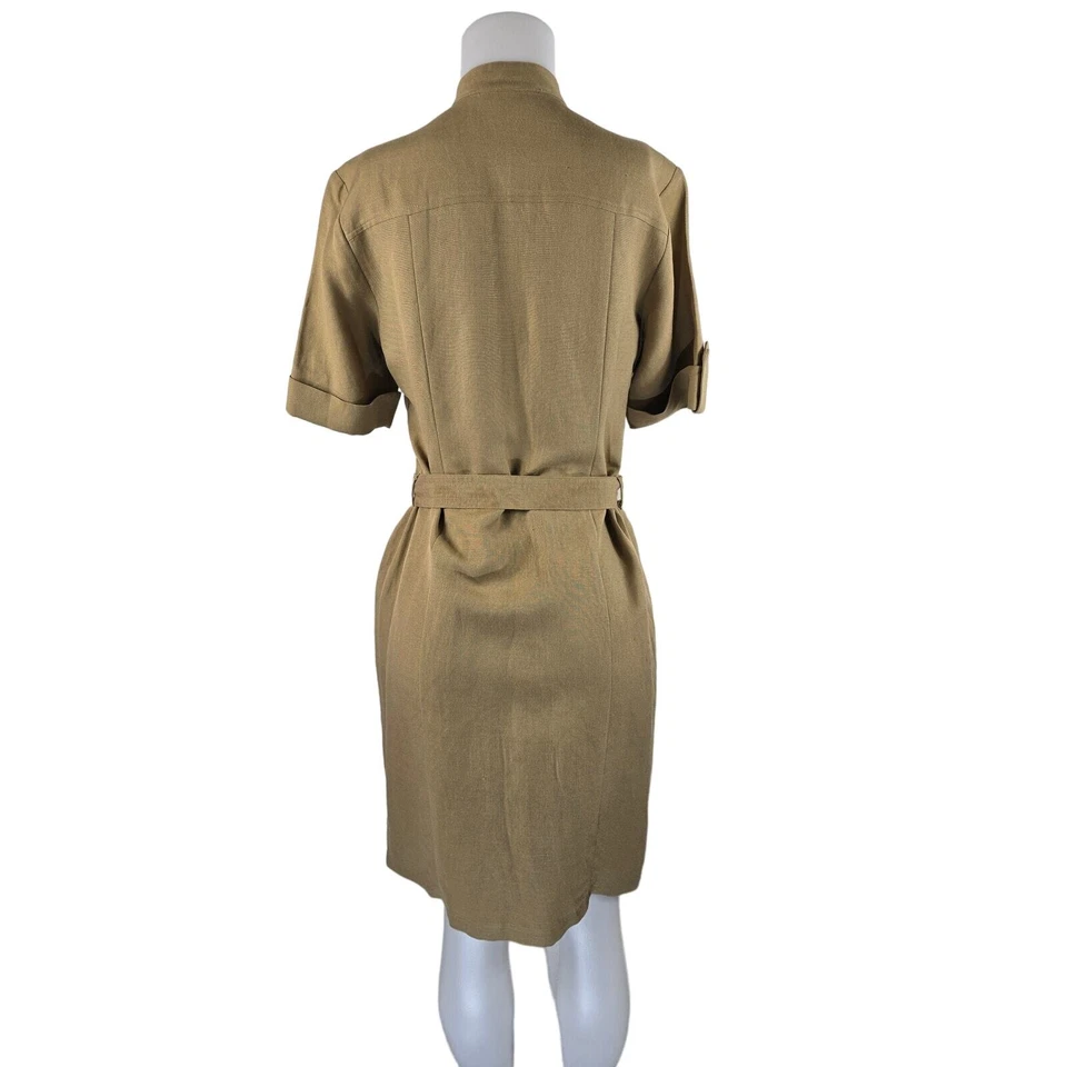 Vestido de trabajo Kenar Kenar de mezcla de lino forrado bronceado con cinturón abotonado para mujer Academia 6 Foto 2 de 3