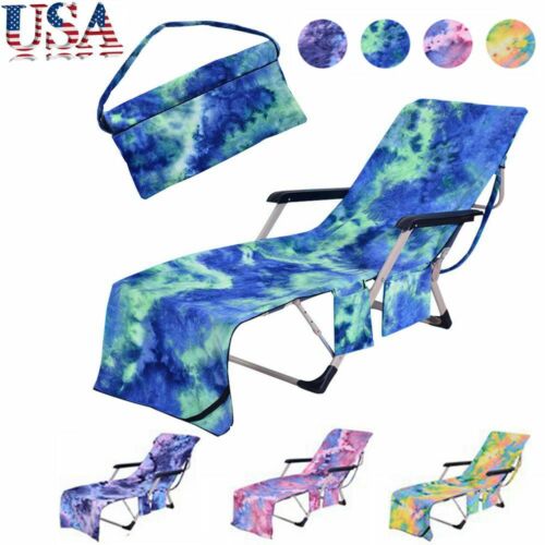 Beach Chair Cover Pool Lounge Chaise Towel Sun Lounger Cover w/Storage Pockets