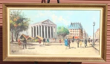 Mid Century Parisian Street Scene Church Downtown Oil Painting Signed Illegible