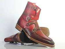 Handmade Men's Leather Monk Two Tone Red ANKLE HIGH Dress Stylish Boots-724
