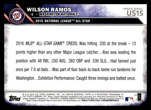 Tarjeta de béisbol 2016 Topps Update Wilson Ramos #US15 de los Nacionales de Washington - Imagen 2 de 2