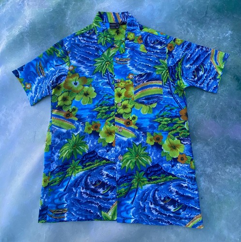 Vintage 70s Blue/Green Barkcloth Hawaiian Aloha Shirt, by JC Penny Towncraft main image 1