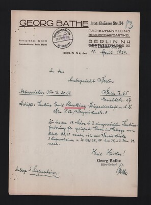 BERLIN, Brief 1939, Georg Bathe Papier-Handlung Bürobedarf