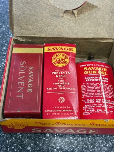 Savage Arms Gun Cleaning Kit Oil Tin RustVeto Gun Grease Solvent 3pk Vintage - Picture 7 of 16
