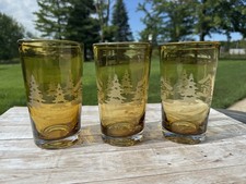 Homestudio Woodland Set 3 Double Old Log Cabin Glass Tall Tumbler Amber VTG 90s