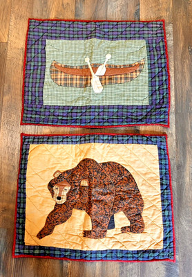 Vtg Patch Magic Quilted Pillow Shams Cover Patchwork Plaid Bear Canoe Cabin Set