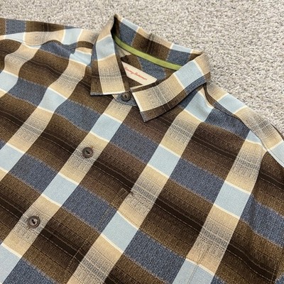 Tommy Bahama Button Down Shirt XL Brown Blue Plaid 100% Silk Short Sleeve