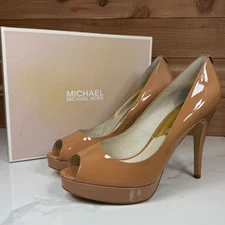 MICHAEL KORS York Platform Peep Toe Heels Patent Leather Tan Size 10M