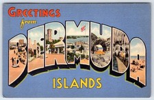 1940 GREETINGS FROM BERMUDA ISLANDS LARGE LETTER VINTAGE LINEN POSTCARD