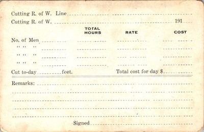 1900s Cutting R. of W. Line Labor Cost Tracking Form Infrastructure Document