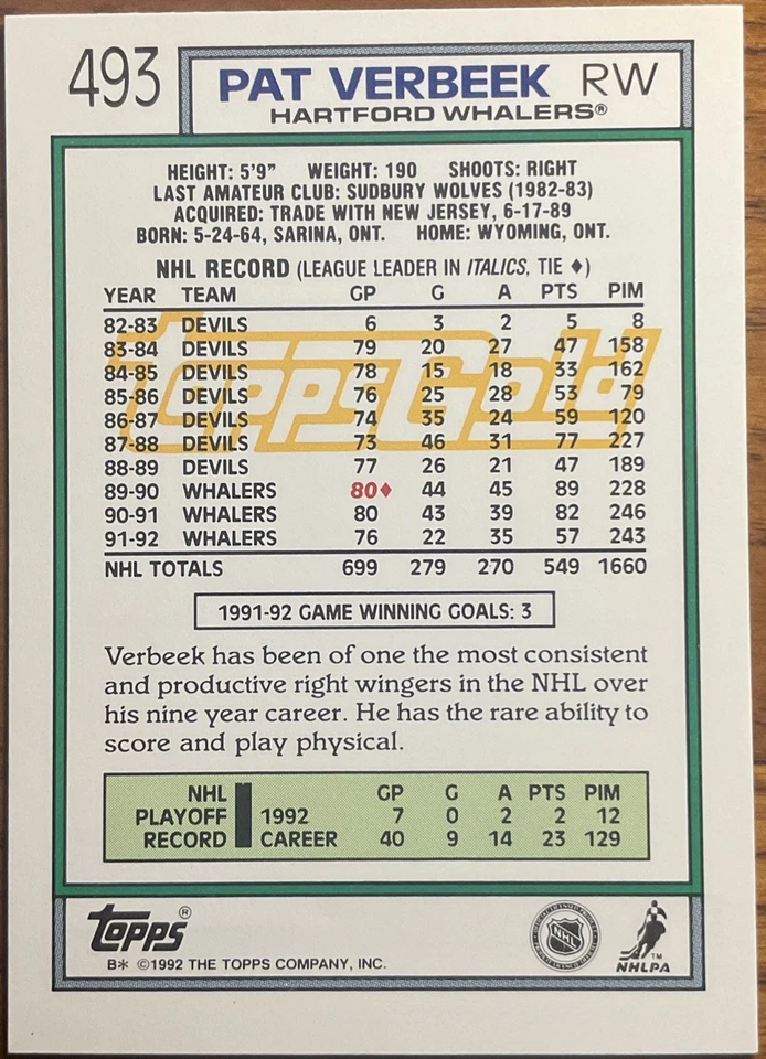 1992-93 Topps Gold Pat Verbeek #493 Hartford Whalers - Image 2 of 2