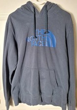 The North Face Mens Hoodie Gray Blue Logo Pullover Hooded Sweatshirt Size Medium