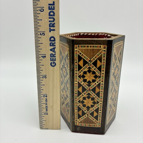 Wood Marquetry Inlay Pencil Pen Holder Hexagon Desk Office Vintage Syria - Picture 9 of 10