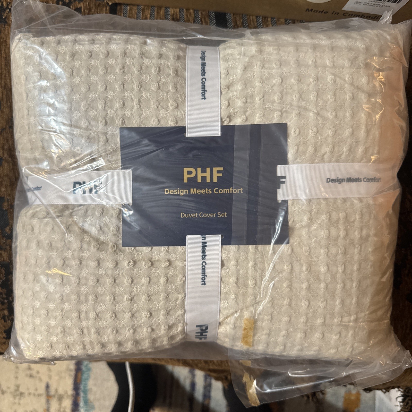 PHF Waffle Weave Duvet Cover Set Size Queen (Linen)